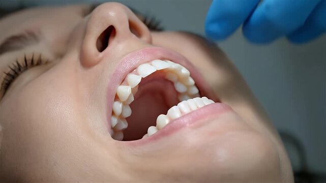 A dentist's gloved hands meticulously try on and adjust the size of a dental denture in a patient's mouth, illustrating the process. AI Generated