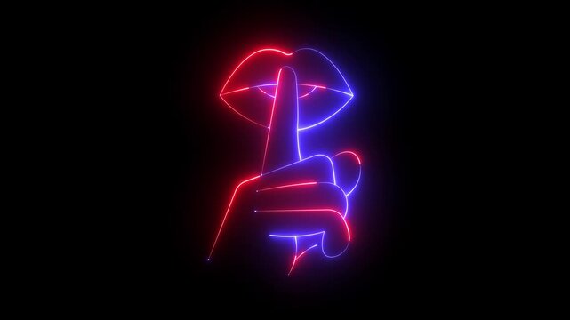 glowing neon please quiet icon isolated on black background. fingers over lips icon. Quiet sign, silent mode, silence, no loud sound, Silence Concept. 4k video animation.