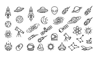 Decorative Space Line Icon Set with Aliens, Meteors, Planets, and Spaceships