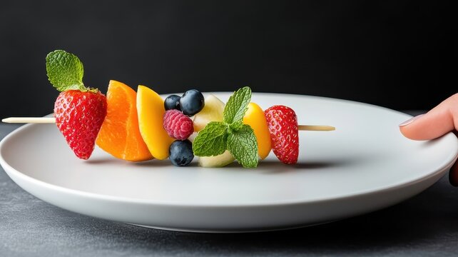 Single fruit skewer with gradient pattern on a white plate.