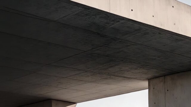 Modern concrete building detail with a stark geometric design, highlighting the strong lines, textured surface, and interplay of light and shadow on the urban construction elements