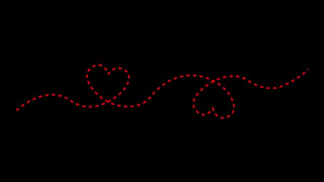 heart dashed line path icon animation on black background. Romantic travel symbol, heart dashed line trace. Movement of simple heart path, dotted love. 4k video.