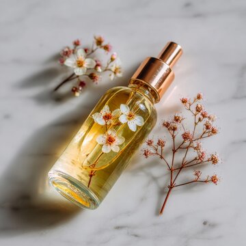 Marble surface with a golden elixir dropper bottle, botanical oils, lavender, and floral arrangements, illustrating natural beauty, a serum, aromatherapy, floral serum, and beauty oil
