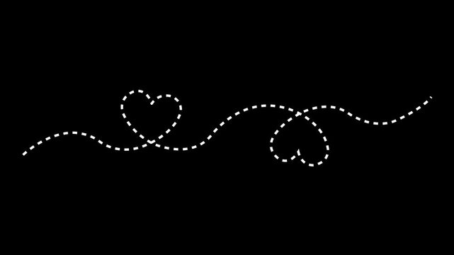 heart dashed line path icon animation on black background. Romantic travel symbol, heart dashed line trace. Movement of simple heart path, dotted love. 4k video.