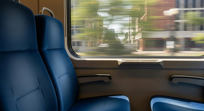 Empty Seat on a Commuter Train - View of a vacant fabric seat inside a modern train carriage next to a window (Train, Seat, Commute, Window, Interior, Travel, Public, Urban)