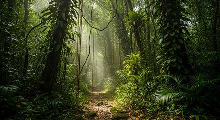 Serene jungle pathway with lush greenery and sunlight filtering through trees © Zuli
