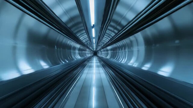 Futuristic tunnel interior with modern blue light illumination, creating a sense of rapid movement and accelerating through an advanced high tech transport system