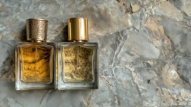 A minimalist scene featuring two transparent glass perfume bottles with gold tops on marble, conveying elegance, purity, and luxury
