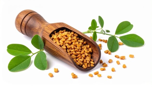 Fenugreek Seeds in Wooden Scoop with Green Leaves on White Background for Herbal Wellness Concepts.