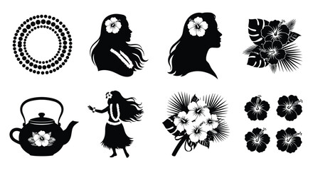 Collection of Hawaiian Tropical Elements Featuring Hula Dancer Silhouettes, Hibiscus Flowers, Palm Leaves, Floral Lei, and Teapot with Hibiscus Detail, Isolated on White © Hello World