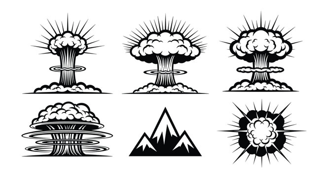 Collection of Mushroom Cloud Explosions and Nuclear Blast Illustrations, Featuring Various Atomic Bomb Detonation Effects and a Mountain Icon, Isolated on White Background
