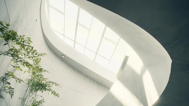Abstract architectural space revealing an interior design with curved concrete walls, a large skylight illuminating the ascending structure, and vibrant green climbing plants adding an organic touch