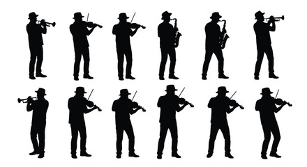 Collection of Professional Musicians Silhouettes Featuring Violinists, Saxophonists, and Trumpeters in Elegant Performance Poses for Classical and Jazz Music Design Concepts, © Hello World