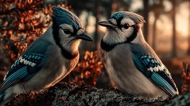 Two Blue Jays Kissing on Branch at Golden Hour in Autumn Forest Scene