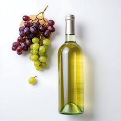 Obraz premium Fresh green grapes and bottle of white wine on light background