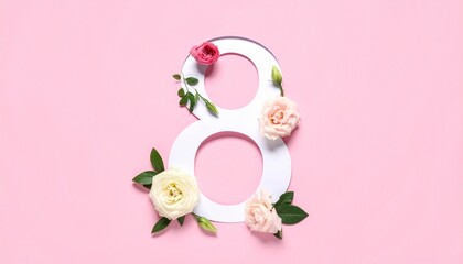 Number Eight with Roses on a Pastel Pink Background for International Women's Day Celebration or Spring Greeting.