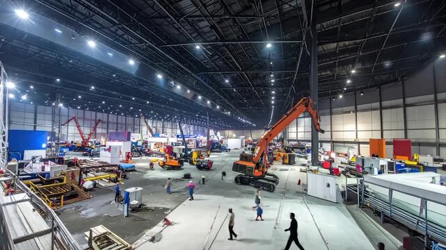 Wide interior shot of a large convention center with machinery on display and people walking