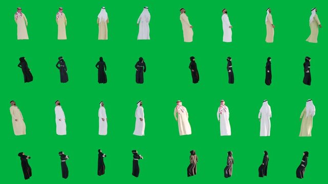 A group of people dressed in black and white robes green screen with women animated chromakey background figure elements gesture illustration layers scene expression frame design composition