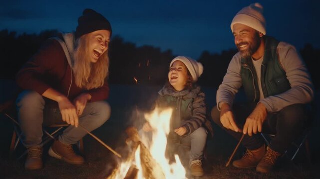 A family laughing while enjoying a campfire