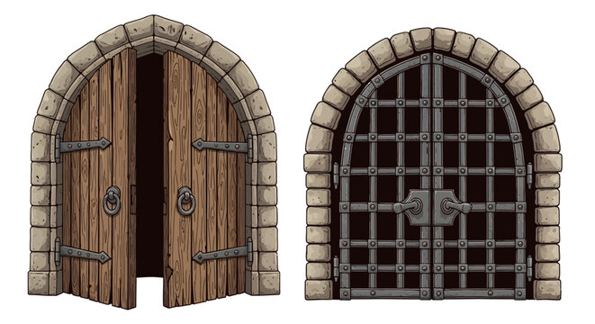 Castle gate vector medieval collection, open wooden ancient door, iron grate, stone arch isolated on white. Vintage city entrance, closed dungeon double entry. Game elements, castle gate illustration