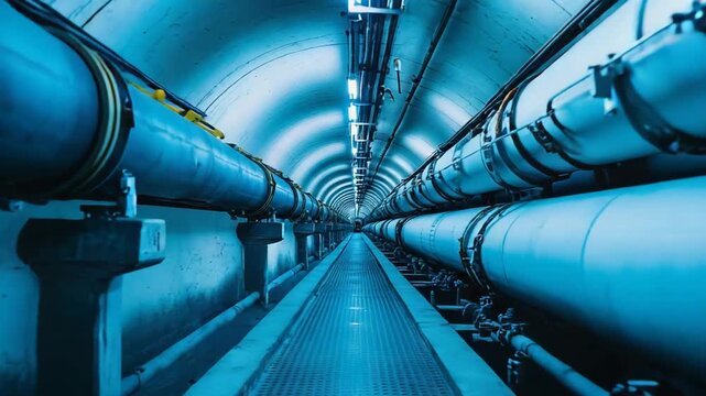 Particle accelerator infrastructure with long illuminated underground tunnel, curved pipes and complex machinery conveying advanced physics research, technology and exploration