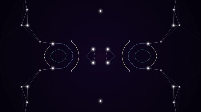 A constellation pattern is symmetrically illustrated against a dark background from a direct viewpoint