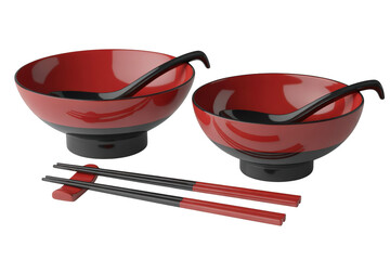 Two traditional japanese lacquerware ramen bowls with black spoons and matching chopsticks resting on a chopstick rest isolated on transparent background