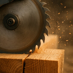 A spinning circular saw blade cuts through wooden planks, scattering sawdust and wood chips into the air.
