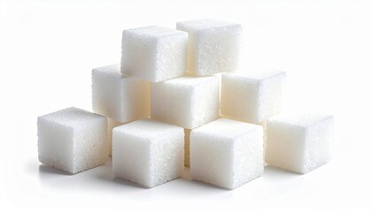 Pyramid of white sugar cubes against a white background studio shot highlighting health and lifestyle concerns.
