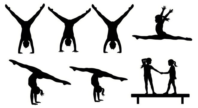 Gymnastics Silhouettes: Children Performing Various Acrobatic Moves and Stunts