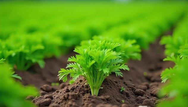 A close up of a carrot patch with green foliage growing densely in a farm field ready for harvest 