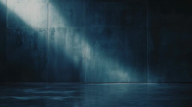 Dark futuristic empty room featuring a concrete or metal wall texture and a reflective floor, emphasizing dramatic lighting and mood for abstract spaces