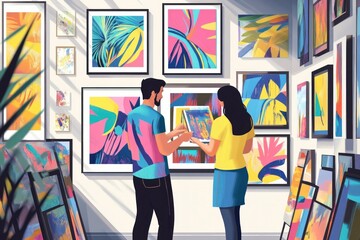 A couple picking out artwork in a modern gallery