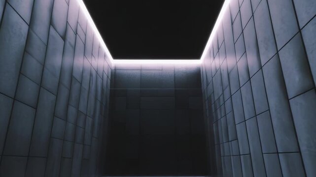 Futuristic, modern corridor with a metal grate floor and dark walls, creating a sense of depth and perspective in a minimalist and sophisticated interior architectural space