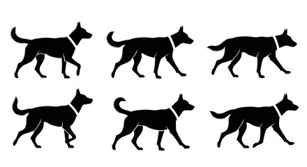 Obraz premium Dog walking animation sequence, silhouette, black and white, isolated on white background