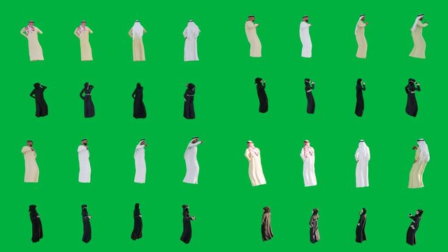 A green screen with several different types of dresses and group women dressed in black white robes people on it bunch animated chromakey background composition illustration emotion