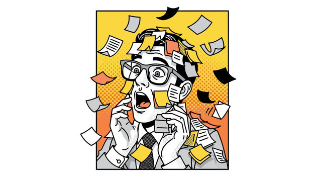 Pop art style businessman overwhelmed by flying papers