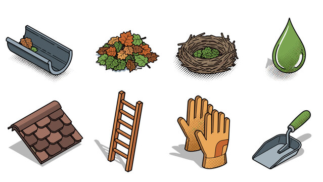 Autumn yard cleanup tools and symbols in isometric pop art style