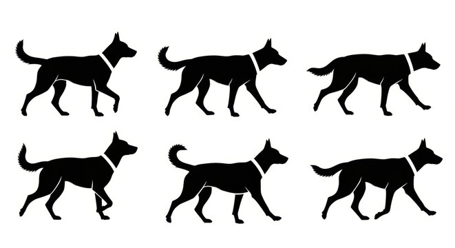 Dog walking animation sequence, silhouette, black and white, isolated on white background