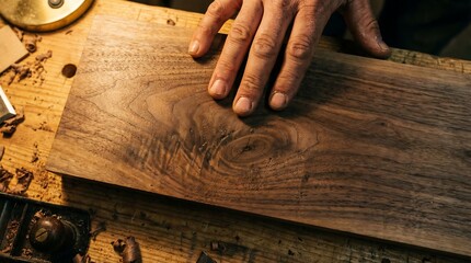 Top Down Macro of Woodworker Hand Tracing Natural Grain of Polished Walnut Plank in Workshop