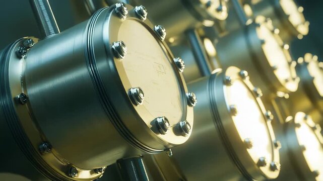 Quantum computer technology featuring intricate gold and metallic machinery, connecting advanced industrial hardware in a cutting edge physics research laboratory setting