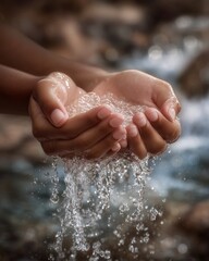 Fototapeta premium World water image campaign with Human hands holding clean water conservation concept, clean water care and protection image, clean water global awareness photography with water saving concept