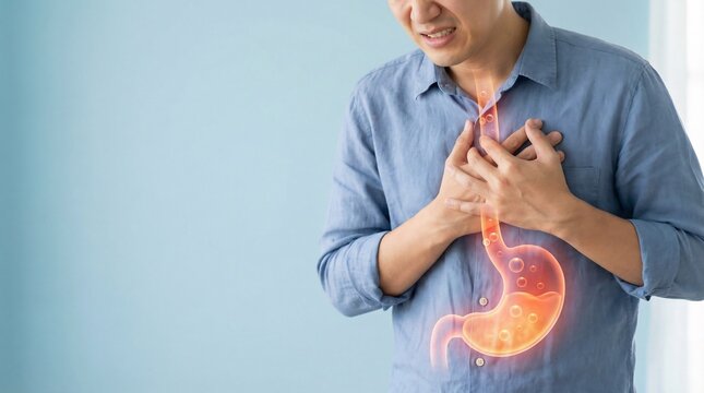 A distressed Asian man clutches his chest while experiencing visible heartburn or stomach acid reflux pain illustrated over his digestive system.