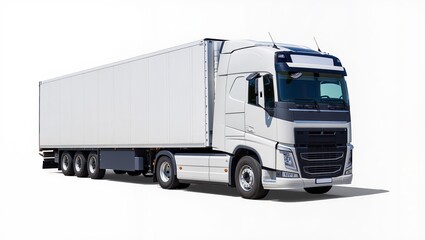 White articulated semi truck with box trailer for long haul freight and logistics transport