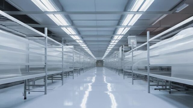 Long corridor of a sterile processing facility showing metal shelving units. Gleaming white floors. And bright overhead fluorescent lighting. Creating a controlled environment for sensitive operations
