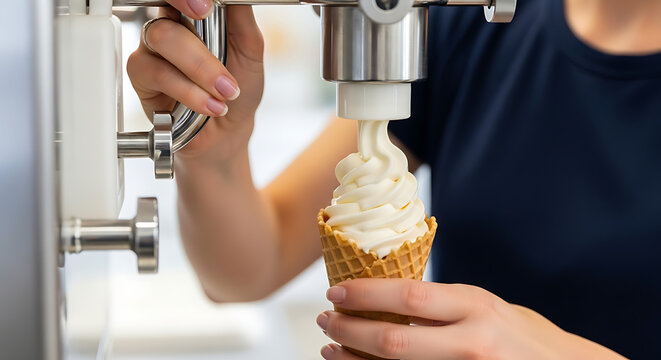 Close up hand woman make delicious vanila ice cream from the machine. 