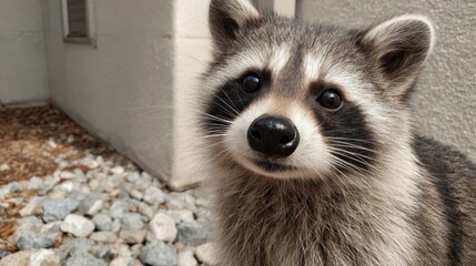 白い壁の前に佇むアライグマ