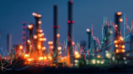 The Industrial Refinery with Financial Charts Overlay Symbolizing Energy Market Trends at Night
