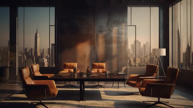 Empty luxury corporate meeting room with comfortable chairs and a long table overlooking a metropolitan skyline, reflecting success and global business at golden hour