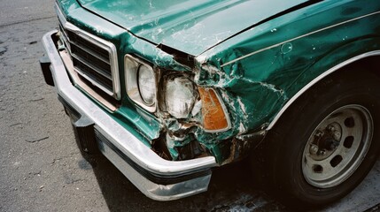 フロントエンドがへこんだ緑の車